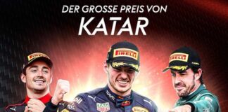 Max Verstappen und zwei weitere Formel 1 Piloten auf dem Sky Poster für den GP von Katar