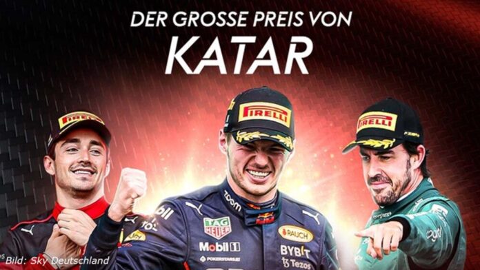 Max Verstappen und zwei weitere Formel 1 Piloten auf dem Sky Poster für den GP von Katar