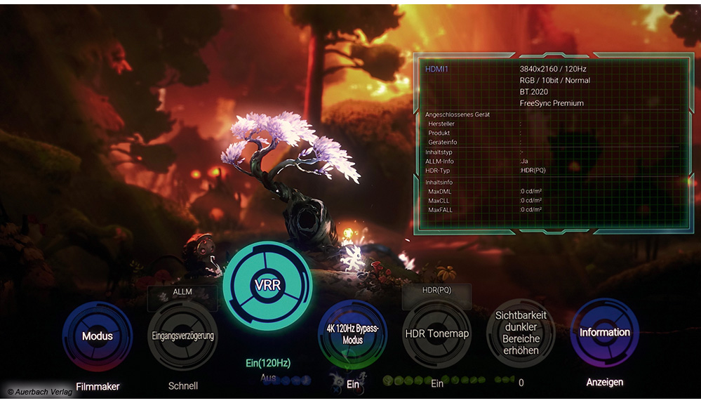 Im Bypass-Modus werden 4K-HDR-Signale mit 120 Hz bei voller Detailqualität mit PS5, Xbox Series X oder PCs dargestellt. Geringer Input-Lag auf Gaming-Monitor-Niveau für eine exzellente Spielbarkeit. VRR-Funktion (auch Freesync und G-Sync) erfordert manuelle Aktivierung. Praktisches Gaming-OSD