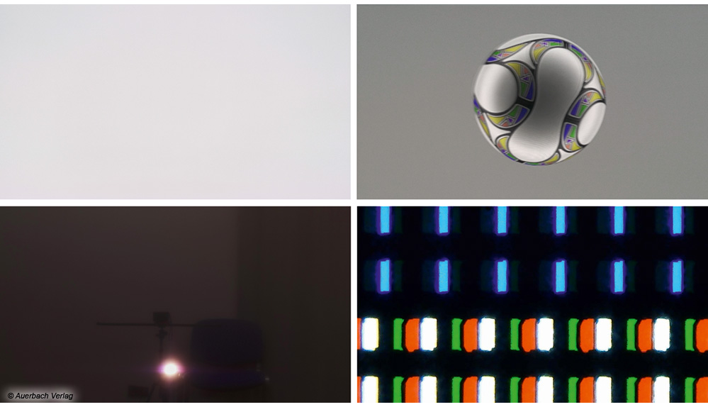 OLED-Panel mit BGRW-Subpixelanordnung: gleichzeitig leuchten maximal drei der vier Subpixel auf. Exzellente Kontrast- und Schwarzdarstellung, sehr gute Spitzenhelligkeit vor allem bei Weißlichtdetails. Weißflächen je nach Blickwinkel mit leichter Türkis- oder Violettfärbung. Lichtverteilung über selbstleuchtende OLED-Pixel gleichmäßig (ca. 90% Homogenität). Dezente Schatteneffekte und Pixelrauschen einzig in dunklen Graustufen erkennbar. Exzellente Bewegtbildschärfe, keine künstlichen Nachzieheffekte. Kontrastfilter: Reflexionen leicht diffus, sattes Schwarz bei Umgebungslicht. Einstrahlende Lichtquellen werden nur leicht gestreut, erscheinen aber violett verfärbt