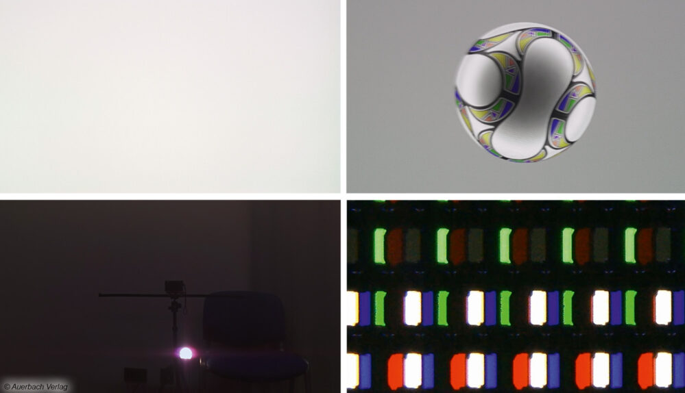 OLED-Panel mit BGRW-Subpixelanordnung: gleichzeitig leuchten drei der vier Subpixel auf. Exzellente Kontrast- und Schwarzdarstellung, sehr gute Spitzenhelligkeit vor allem bei Weißlichtdetails. Lichtverteilung über selbstleuchtende OLED-Pixel größtenteils gleichmäßig (ca. 90 % Homogenität). Schatteneffekte und Farbtemperaturdrift bei vollflächiger Weißdarstellung erkennbar. Exzellente Bewegtbildschärfe, keine künstlichen Nachzieheffekte. Kontrastfilter: Reflexionen sichtbar und violett, sattes Schwarz bei Umgebungslicht, einstrahlende Lichtquellen kaum gestreut