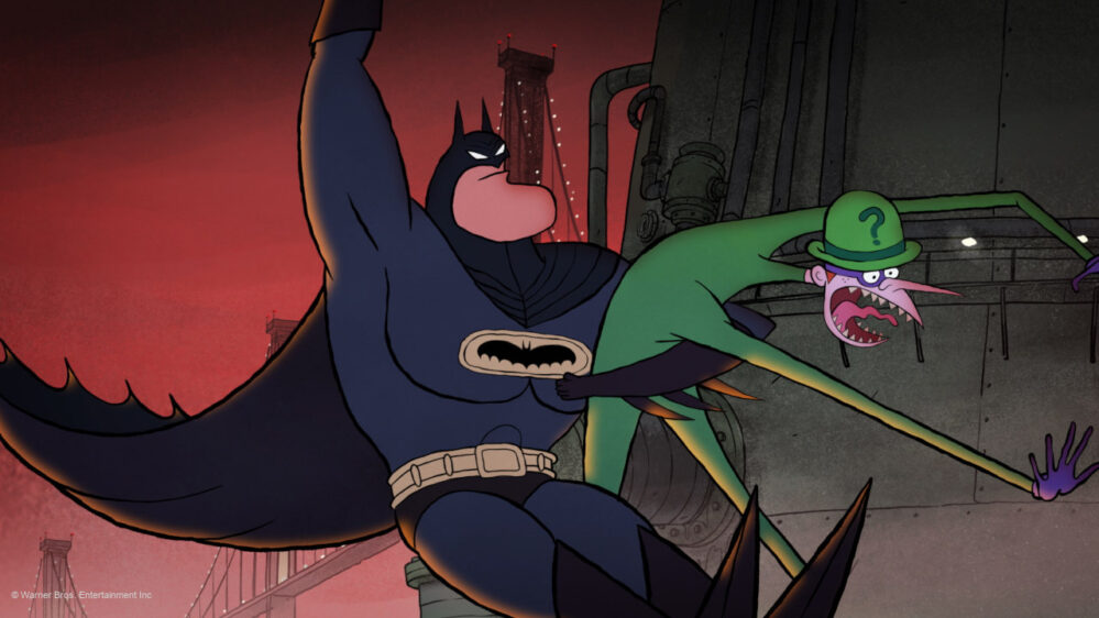 Szene aus dem Zeichentrickfilm "Merry Little Batman": Batman nimmt einen grün gekleideten Bösewicht gefangen, der erschrocken guckt.