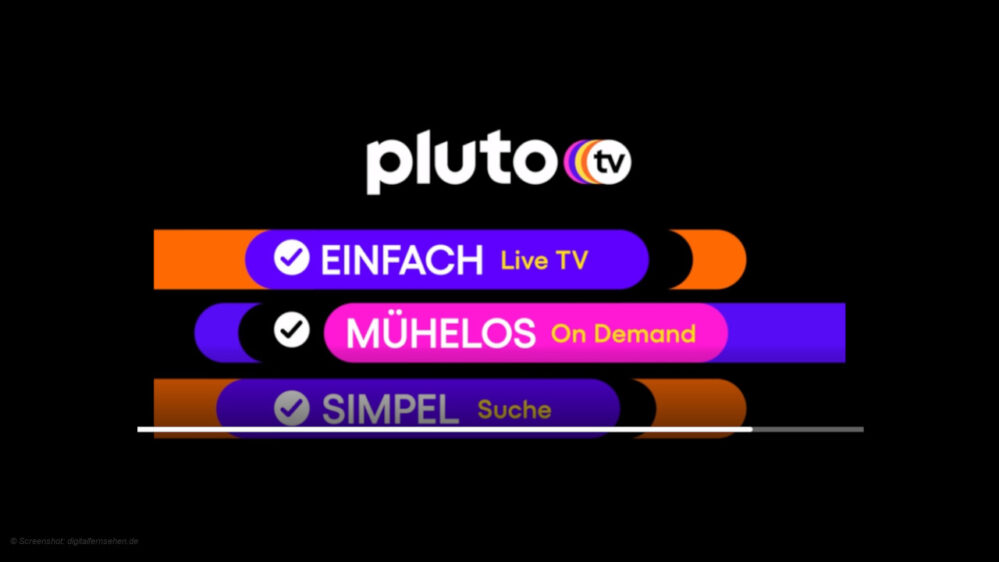Pluto TV präsentiert sich mit den Begriffen "einfach", "mühelos", "simpel"