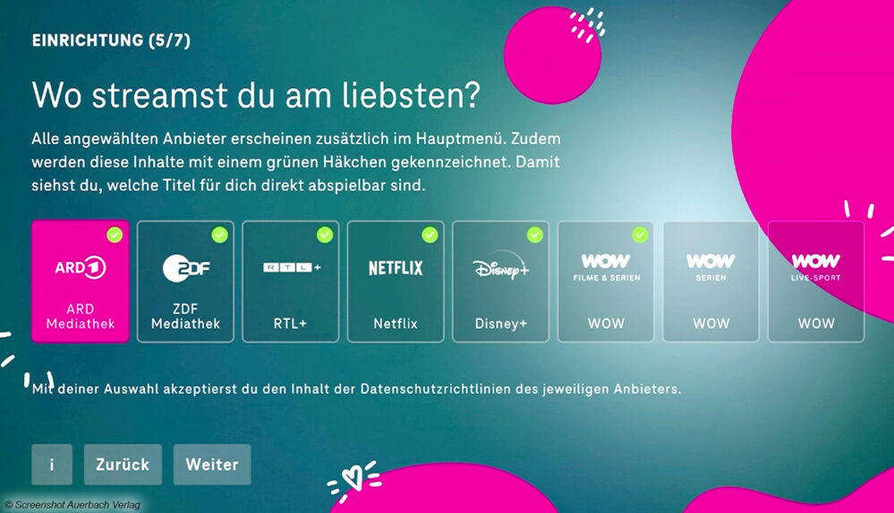 Bei der Erstinbetriebnahme von MagentaTV 2.0 muss der Nutzer seine abonnierten Streamingdienste auswählen.