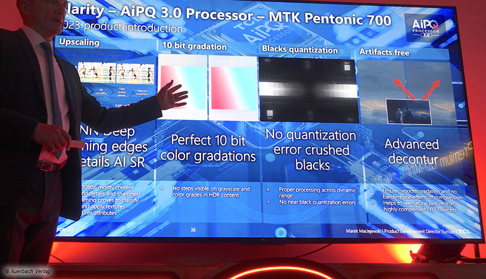 Der Pentonic-700-Chip von Mediatek treibt die neuen TCL-Fernseher wie den X955 an, was eine 120-Hz-4K-Signalzuspielung in Dolby-Vision-Qualität ermöglicht. Zudem ergeben sich Vorteile beim Upscaling und bei der Minimierung von Artefakten