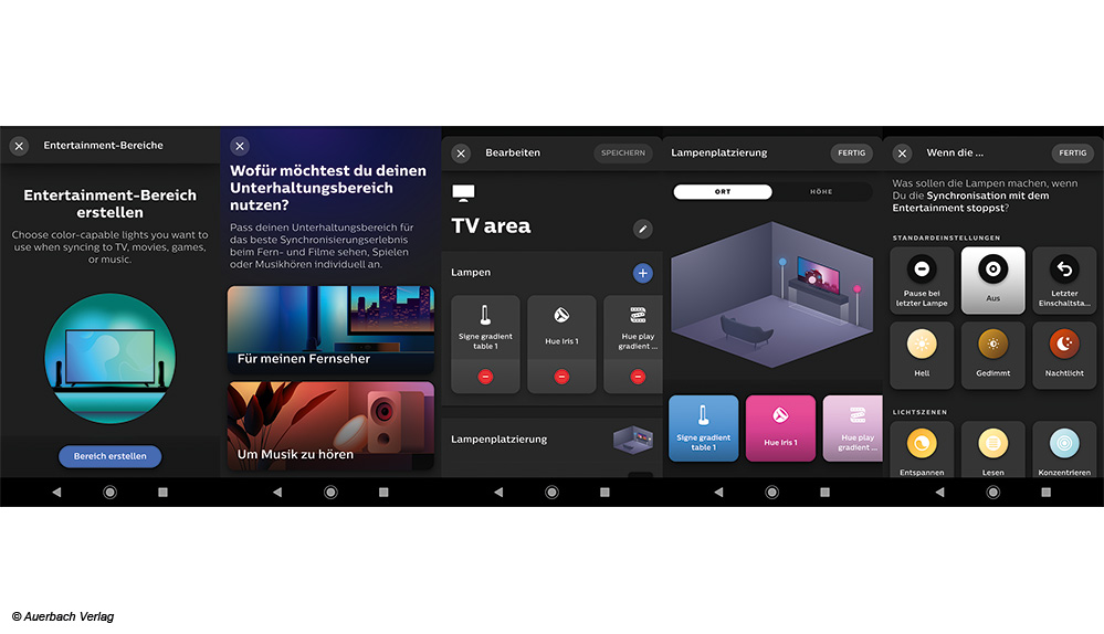 Für die Einrichtung der LED-Lampen ist die Philips Hue Smartphone-App zuständig. Hier können Sie bis zu 10 Lampen hinzufügen, die synchron zum TV-Bild für die passende Lichtstimmung sorgen. In der Smartphone-App können Sie ebenfalls vorgeben, dass die LED-Lampen abgeschaltet und nicht nur gedimmt werden sollen, sobald der Fernseher ausgeschaltet wird