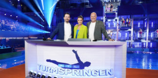 Jan Köppe, Laura Wontorra und Frank Buschman beim RTL Turmspringen