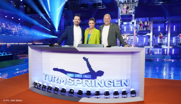 Jan Köppe, Laura Wontorra und Frank Buschman beim RTL Turmspringen