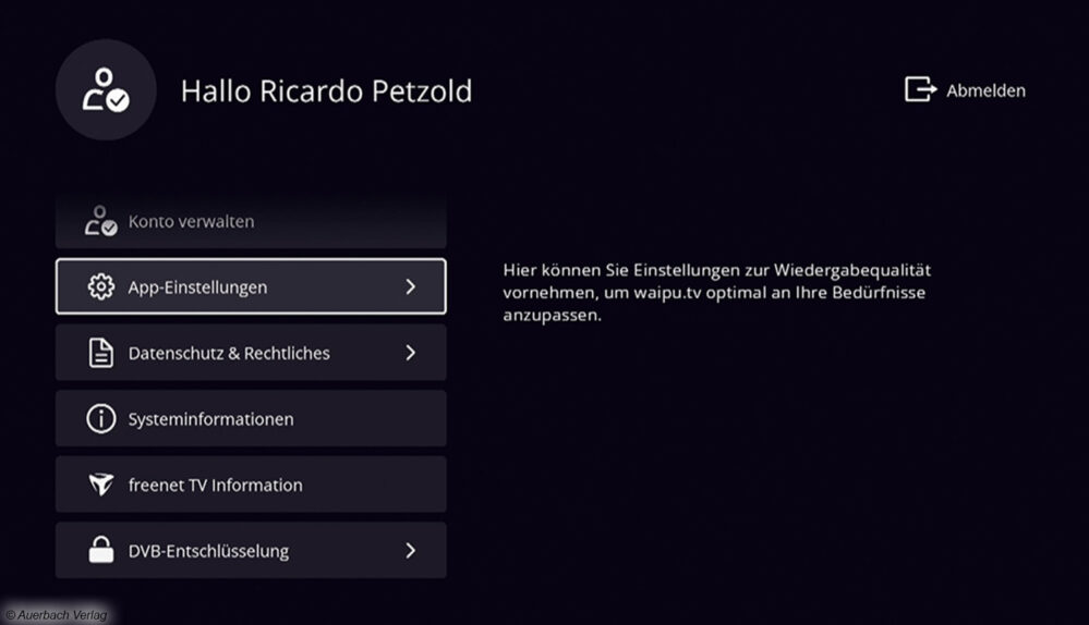 Über den Menüpunkt „Mein Konto“ sind Optimierungen möglich. Auch der Kanalsuchlauf für den terrestrischen bzw. digitalen Kabeltuner lässt sich hier starten