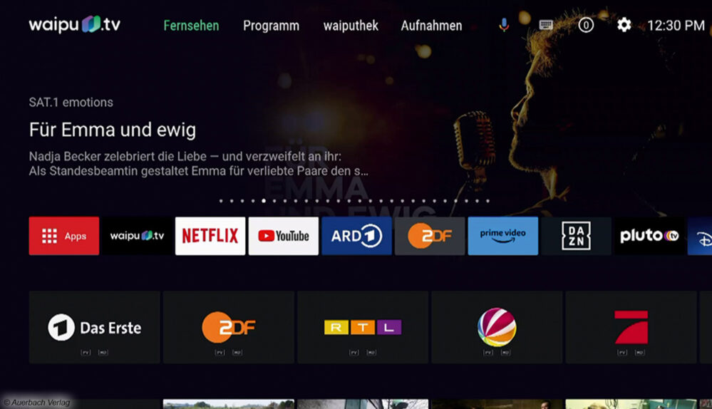 Mit dieser Übersichtsseite startet der Stick: Neben den beliebtesten TV-Programmen sind auch die Apps hier direkt aufrufbar