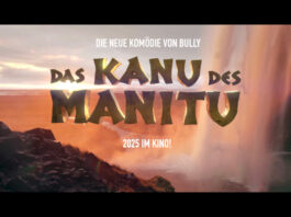 Das Kanu des Manitu Logo vor einem Wasserfall