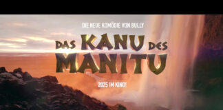 Das Kanu des Manitu Logo vor einem Wasserfall