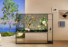 Der LG Signature OLED T steht in einem Raum, auf dem Bildschirm ist ein halbtransparentes Bild zu sehen, der Hintergrund des Raums scheint hindurch.