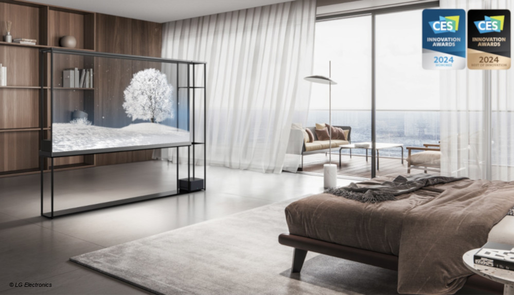 Der LG Signature OLED T steht als Raumteiler im Zimmer, auf dem Bildschirm ist eine halbtransparente Winterlandschaft zu sehen.