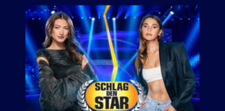 Leony und Stefanie Giesinger posieren mit dem Logo von "Schlag den Star"