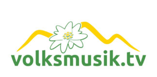 Neues Logo von Volksmusik.tv mit einer Blüte und angedeuteten Bergen über dem Schriftzug.