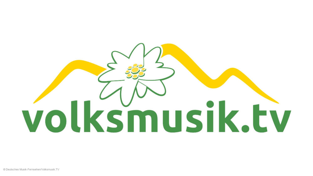 Neues Logo von Volksmusik.tv mit einer Blüte und angedeuteten Bergen über dem Schriftzug.