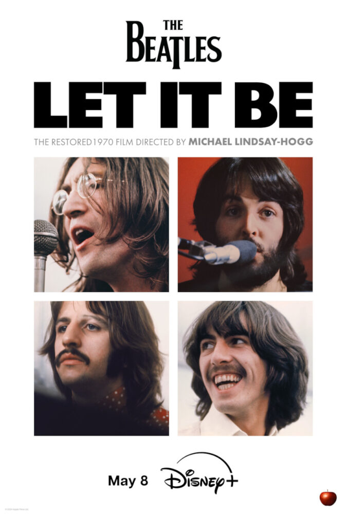 "The Beatles - Let It Be" steht über Porträts der 4 Musiker. Darunter das Erscheinungsdatum 8. Mai bei Disney+.