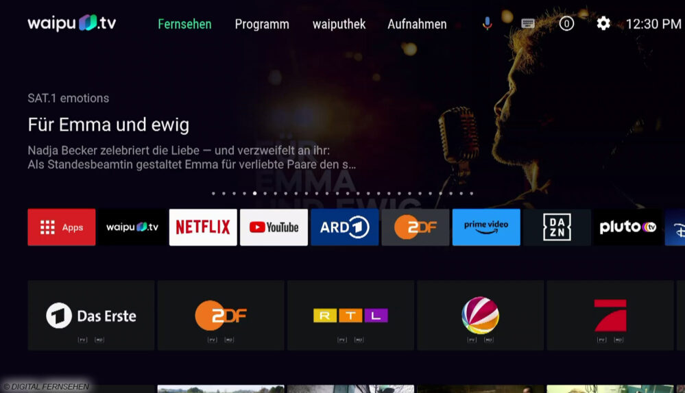 Die Startseite ist im bekannten Google-TV-Design gestaltet, die Besonderheit ist, dass auch Inhalte der linearen TV-Kanäle mit angezeigt werden
