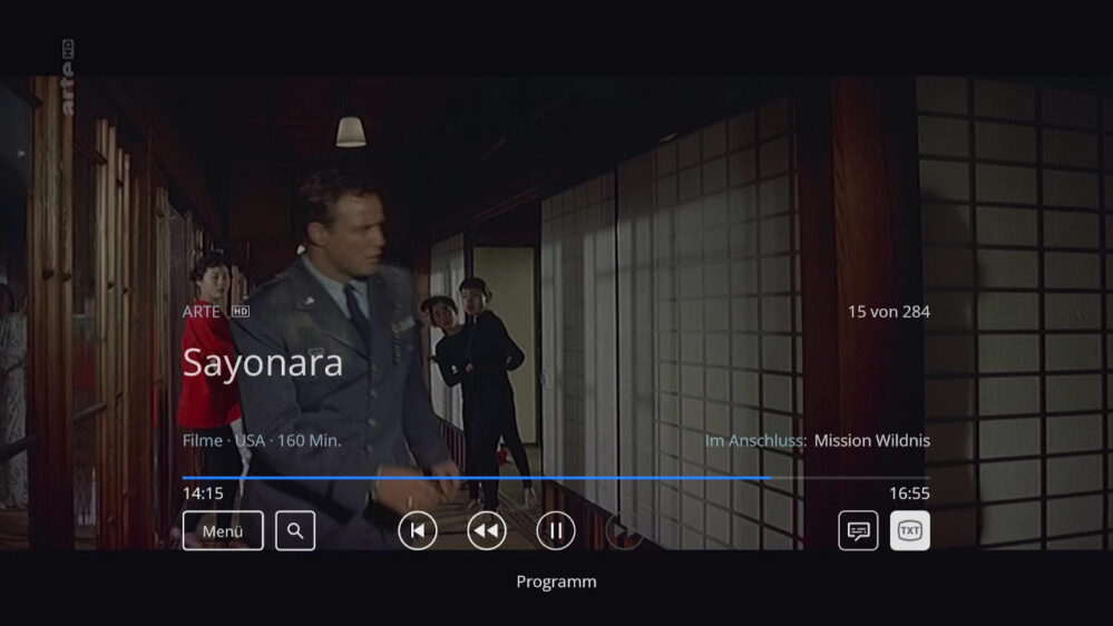 Videotext bei Waipu.tv: erkenntlich durch TXT-Icon am unteren Bildschirmrand.