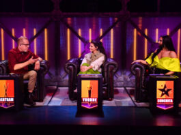 Die "Tribute"-Juroren Bertram Engel, Yvonne Catterfeld und Conchita Wurst sitzen in ihren Sesseln (Sat.1)