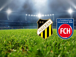 Vereinswappen von BK Häcken und dem 1. FC Heidenheim vor einem Symbolbil "Fußballstadion"