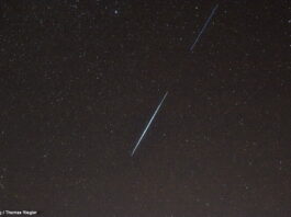Schräg nach oben fliegend, konnten am 27. Oktober die in der Nacht zuvor gestarteten Starlink-Satelliten gut beobachtet werden