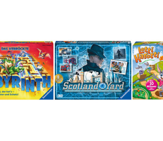 Die Ravensburger Spiele "Das verrückte Labyrinth", "Scotland Yard" und "Lotti Karotti"
