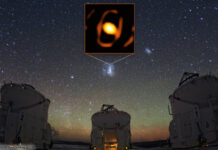 Die Große Magellansche Wolke ist eine Satellitengalaxie der Milchstraße und befindet sich 160.000 Lichtjahre von uns entfernt. Trotz der schwindelerregenden Entfernung gelang es dem GRAVITY-Instrument des Very Large Telescope Interferometer (VLTI) der Europäischen Südsternwarte (ESO), ein Nahaufnahmebild des Riesensterns WOH G64 aufzunehmen. Dieses Bild zeigt die Position des Sterns innerhalb der Großen Magellanschen Wolke, im Vordergrund sind einige der Hilfsteleskope des VLTI zu sehen.