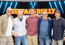 V.l.: Kommentator Frank Buschmann, Stefan Raab, Inga Leschek, Marc, Moderator Elton und Michael Bully Herbig