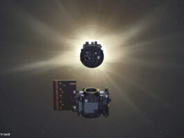 Computermodell der beiden Satelliten von PROBA-3, die in Formationsflug fliegen