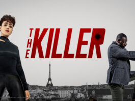 Nathalie Emmanuel und Omar Sy mit Pistolen neben dem Schriftzug "The Killer", im Hintergrund Paris