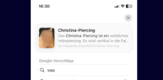 Das Wort "Was" führt in der Apple-Suche aktuell zum Foto eines Intim-Piercings.