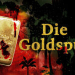 Werbebild der Podcast-Reihe "Die Goldspur". Im Vordergrund der SChriftzug, daneben ein blutiger Goldbarren und im Hintergrund angedeutete Palmen.
