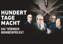 Keyvisual der Doku "Hundert Tage Macht". Eine Collage aus den Köpfen von Mitgliedern der aktuellen Thüringer Landesregierung, einer Uhr und diversen Füllfederhaltern. Dazu ein Schriftzug mit dem Titel der Doku.