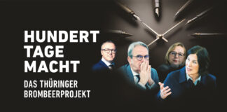 Keyvisual der Doku "Hundert Tage Macht". Eine Collage aus den Köpfen von Mitgliedern der aktuellen Thüringer Landesregierung, einer Uhr und diversen Füllfederhaltern. Dazu ein Schriftzug mit dem Titel der Doku.