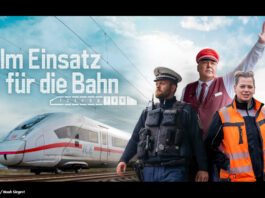 Titelbild mit Schriftzug "Im Einsatz für die Bahn". Darum gruppiert ein Schaffner, ein Polizist und eine Frau in orangener Weste. Im Hintergrund ist ein ICE-Zug zu sehen.