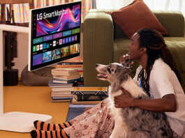Neuer Smart Monitor Swing von LG mit rollbarem Standfuß und Touchscreen.
