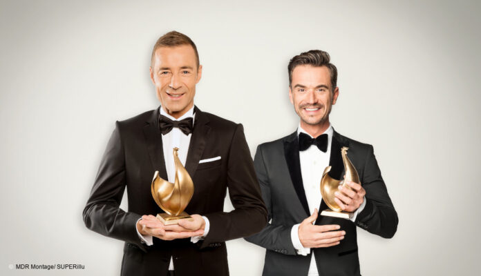 Goldene-Henne-Silbereisen-Pflaume Kai Pflaume und Florian Silbereisen mit der Goldenen Henne