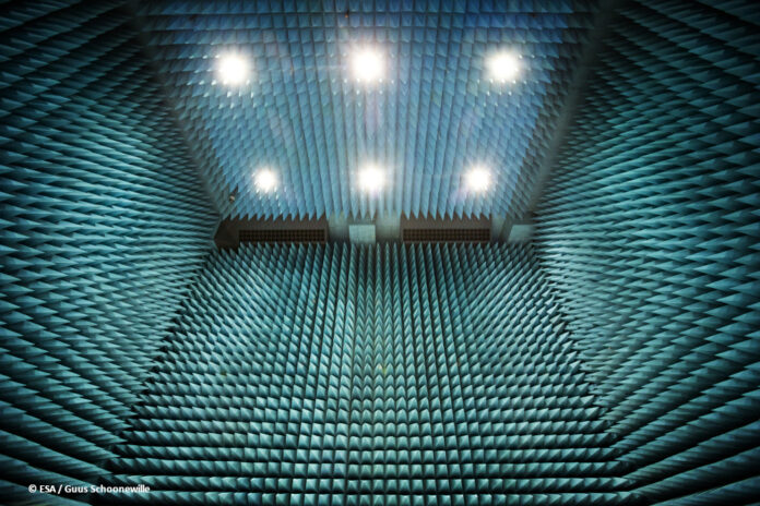 df_esa_maxwell_test_chamber Die Kamera schaut nach oben in einen großen mit grünem Pyramidenschaum verkleideten Wänden.