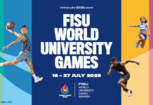Offizielles Werbebild der FISU Wrold University Games. Um den Schriftzug herum sind drei Menschen beim Sporttreiben angeordnet, dazu mittig unten das Logo der Veranstaltung.
