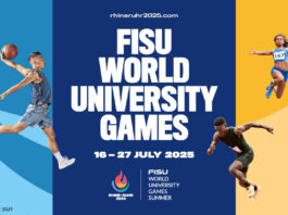 Offizielles Werbebild der FISU Wrold University Games. Um den Schriftzug herum sind drei Menschen beim Sporttreiben angeordnet, dazu mittig unten das Logo der Veranstaltung.