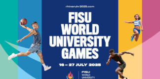 Offizielles Werbebild der FISU Wrold University Games. Um den Schriftzug herum sind drei Menschen beim Sporttreiben angeordnet, dazu mittig unten das Logo der Veranstaltung.