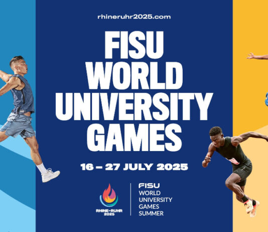 Offizielles Werbebild der FISU Wrold University Games. Um den Schriftzug herum sind drei Menschen beim Sporttreiben angeordnet, dazu mittig unten das Logo der Veranstaltung.