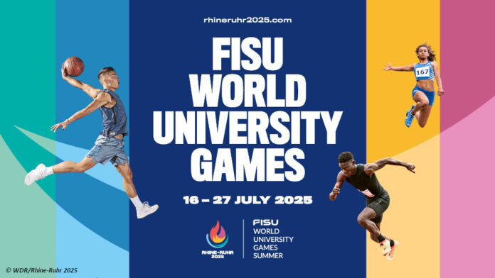 df_world_univerity_games_fisu_rhein_ruhr Offizielles Werbebild der FISU Wrold University Games. Um den Schriftzug herum sind drei Menschen beim Sporttreiben angeordnet, dazu mittig unten das Logo der Veranstaltung.