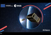 Werbebild für die Flight Ticket Initiative der ESA. Collage aus einem Renderbild eines Satelliten im Erdorbit, dem ESA-Schritfzug, der europäische Flagge, und einem Sternenhimmel als Hintergrund.