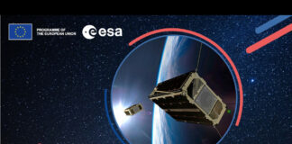 Werbebild für die Flight Ticket Initiative der ESA. Collage aus einem Renderbild eines Satelliten im Erdorbit, dem ESA-Schritfzug, der europäische Flagge, und einem Sternenhimmel als Hintergrund.