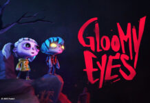 Keyvisual für das Videospiel "Gloomy Eyes". zwei Zeichentrickcharaktere stehen vor einem dunklen Hintergrund, rechts der Schriftzug "Gloomy Eyes"