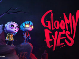 Keyvisual für das Videospiel "Gloomy Eyes". zwei Zeichentrickcharaktere stehen vor einem dunklen Hintergrund, rechts der Schriftzug "Gloomy Eyes"