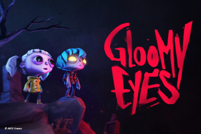 df_gloomy_eyes_keyart Keyvisual für das Videospiel "Gloomy Eyes". zwei Zeichentrickcharaktere stehen vor einem dunklen Hintergrund, rechts der Schriftzug "Gloomy Eyes"